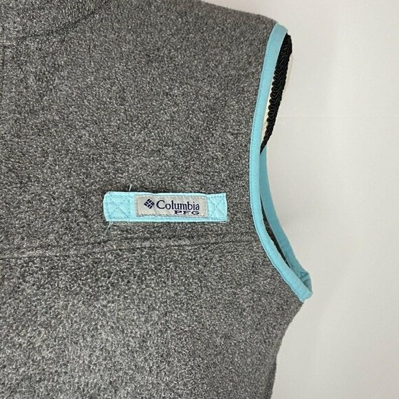 COLUMBIA Women’s Medium Gray Full  Zip PFG Fleece Vest Aqua Trim Pockets EUC - Picture 3 of 8